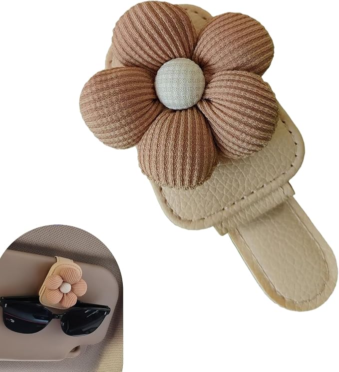 1 PC Floral Design Car Visor Sunglasses Clip, Clip-On Leather Cute Flower Eyeglass Holder, Stable Car Visor Accessory for Women, Universal for Most Cars (Brown) by Unknown