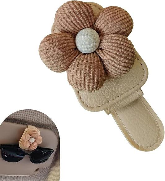1 PC Floral Design Car Visor Sunglasses Clip, Clip-On Leather Cute Flower Eyeglass Holder, Stable Car Visor Accessory for Women, Universal for Most Cars (Brown) by Unknown