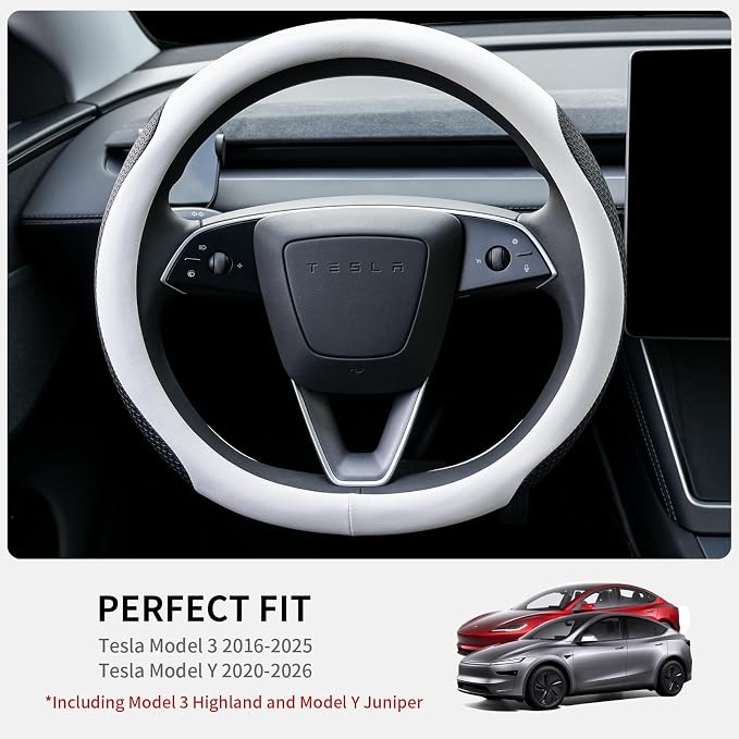 Uxcer Nappa Leather Steering Wheel Cover Compatible with Tesla Model 3/Y 2016-2025 2026 Juniper/Highland, Non-Slip Breathable Tesla Model 3/Y Steering Wheel Protector, White - Image 2