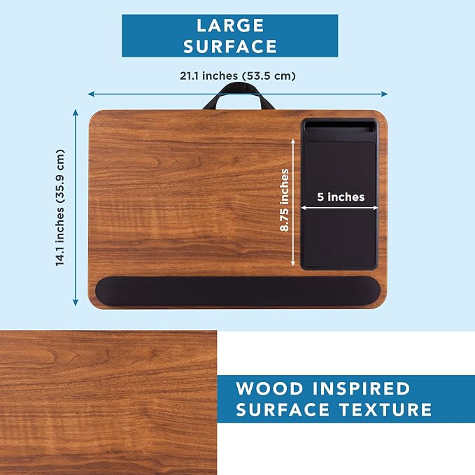 LAPGEAR Home Office Pro Lap Desk – Espresso Woodgrain, Fits 15.6” Laptops | Built-In Mouse Pad & Phone Slot, Wide Cushioned Wrist Rest, Dual-Bolster Microbead Cushion, Carry Handle - Image 5
