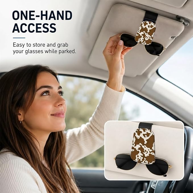 Leather Magnetic Sunglass Holder for Car Sun Visor, Cute Eyeglass Ticket Card Hanger Clip, Universal Auto Interior Accessories for SUV Pickup Truck, Cow Pattern - Image 2