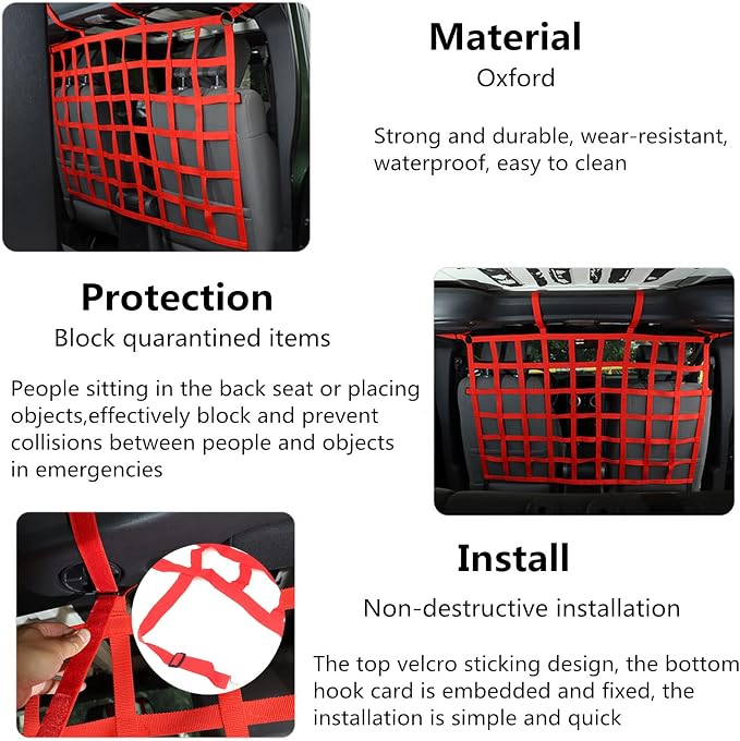 Rear Seat Dog Barrier Net Divider for Jeep Wrangler JK JL JT 2007-2025 | Fits Jeep Wrangler JK JL & Gladiator JT 2/4 Door, Red, Thickened Polyester Pet & Child Safety Barrier, No-Tool Install - Image 4