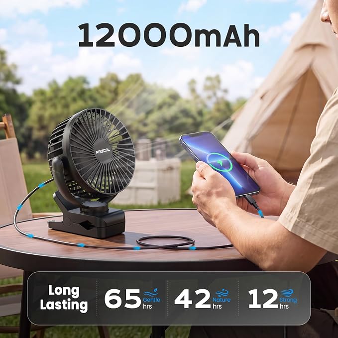 Portable Clip on Fan 65 Working Hours, Camping Fans with LED Lights & Hook, 12000 Capacity Battery Operated Fan with Clamp, USB Rechargeable for Desk, Tent, Treadmill, Stroller, Golf Cart, Home - Image 2