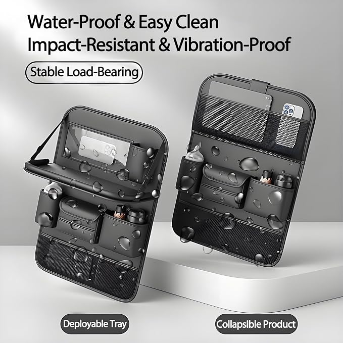 2 Pack Leather Car Backseat Organizer with Foldable Table Tray, Universal Car Seat Back Protector Kick Mat with Touchscreen Tablet Holder, Storage Pockets, Cup Holders & Tissue Holder, Black - Image 6