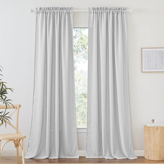 RYB HOME Privacy Sheer Curtains 95 inches Long for Living Room | Linen Textured, Semi Sheer, Rod Pocket, Linen Blend Fabric, Privacy Protected Panels, Dove Grey, W52 x L95, 1 Pair by RYBHOME