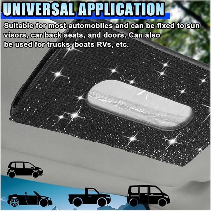 Bling Car Sun Visor Tissue Box Holder, PU Leather Auto Paper Towel Cover, Glitter Crystal Rhinestone Napkin Holder, Car Decoration Accessories for Women (Black) - Image 3
