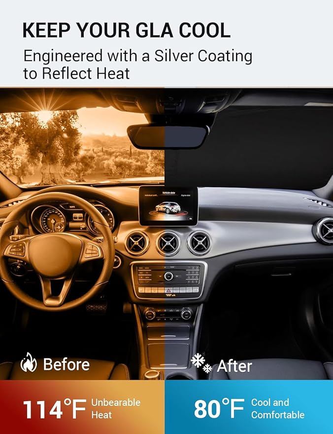 Proadsy Custom Fit Car Windshield Sun Shade for 2015-2020 Mercedes-Benz GLA | 240T Heat Shield, Drops Temp 54°F, Blocks 99% UV, Prevents Dashboard Cracking, Summer Parking & Beach Trips, Easy Twist-Fold - Image 3