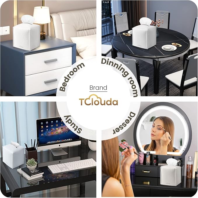 Tissue Box Cover, Tclouda, Modern PU Leather Square Tissue Box Holder for Creative Decorative, Ideal for Bathrooms/Office/Car/Nightstand/Outdoor Tent/Dining Table, 5"X5"X5", Single White - Image 4