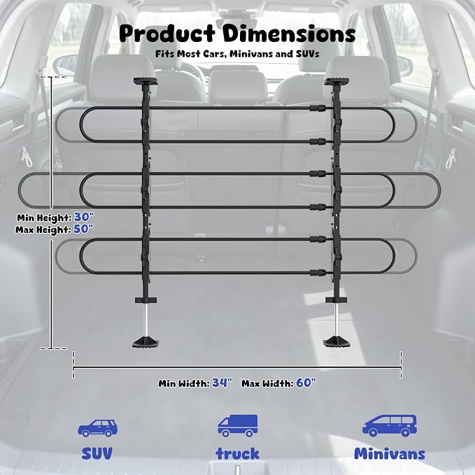 Magshion Adjustable Dog Car Barrier Pet Gate, Black | Fits Most SUVs, Trucks & Minivans, 34''-60'' Wide, Strong Metal Tubing, Keeps Dogs Safe, Easy to Store in Vehicles - Image 2