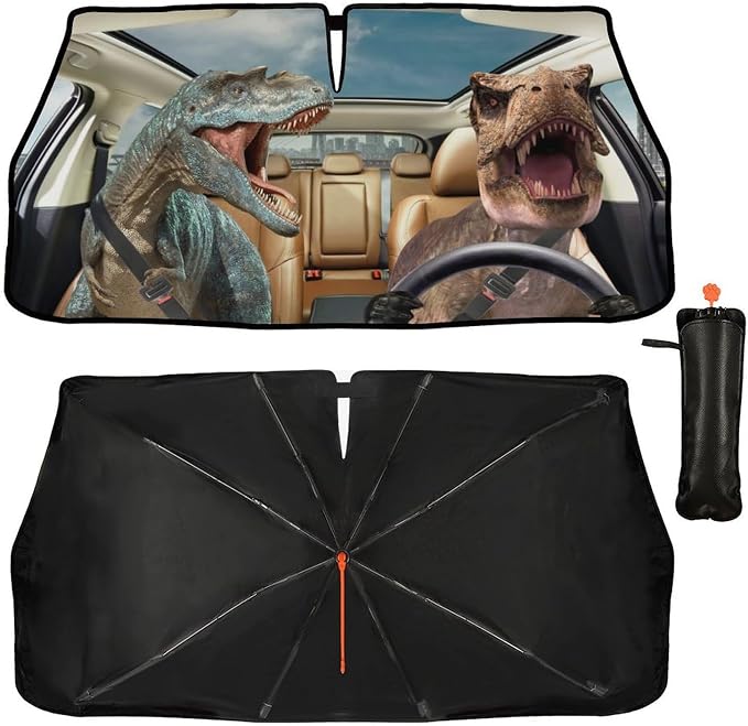 Socira Car Windshield Sun Shade Umbrella Sunshade for Car Windshield | Funny Sun Visor Front Window Cover Dinosaur Car Accessories Gift Blocks Uv Rays Fit for Sedans SUVs & Trucks (57" X 30") - Image 2