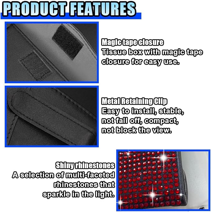 Bling Car Sun Visor Tissue Box Holder, PU Leather Auto Paper Towel Cover, Glitter Crystal Rhinestone Napkin Holder, Car Decoration Accessories for Women (Black/Red) - Image 4