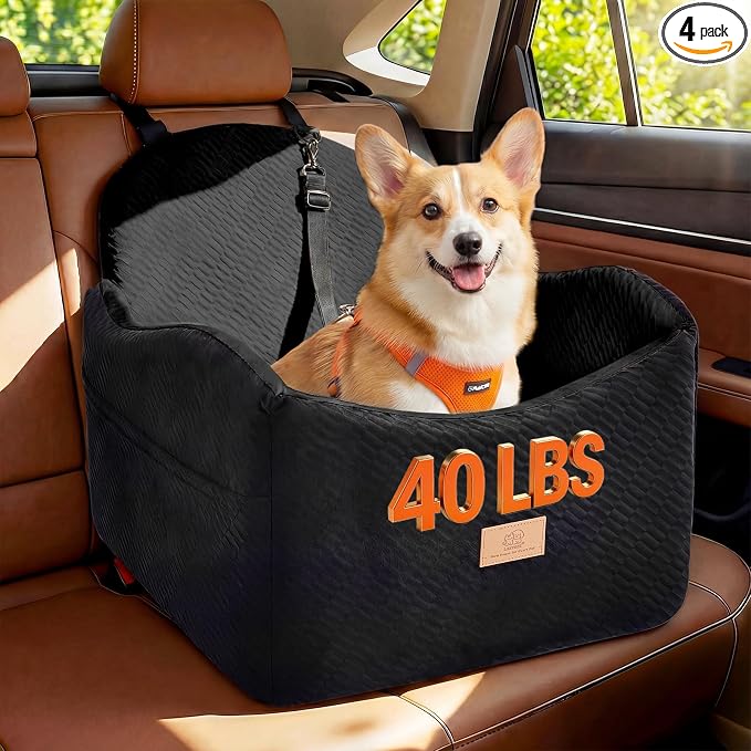 Dog Car Seat for Medium/Small Dogs, Dog Booster Car Seat, Pet Booster Seats Up to 40lbs with Waterproof Layer, 3 Storage Pockets and Safety Belt (Black) by Unknown