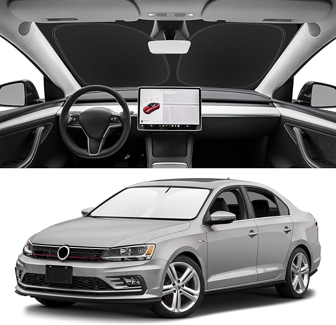 Custom Fit Windshield Sun Shade for VW Jetta 2011-2018 | Blocks UV Rays and Sun Heat, Helps Reduce Interior Temperature, Protects Dashboard from Fading, Folds Easily for Storage by SLOGENTO