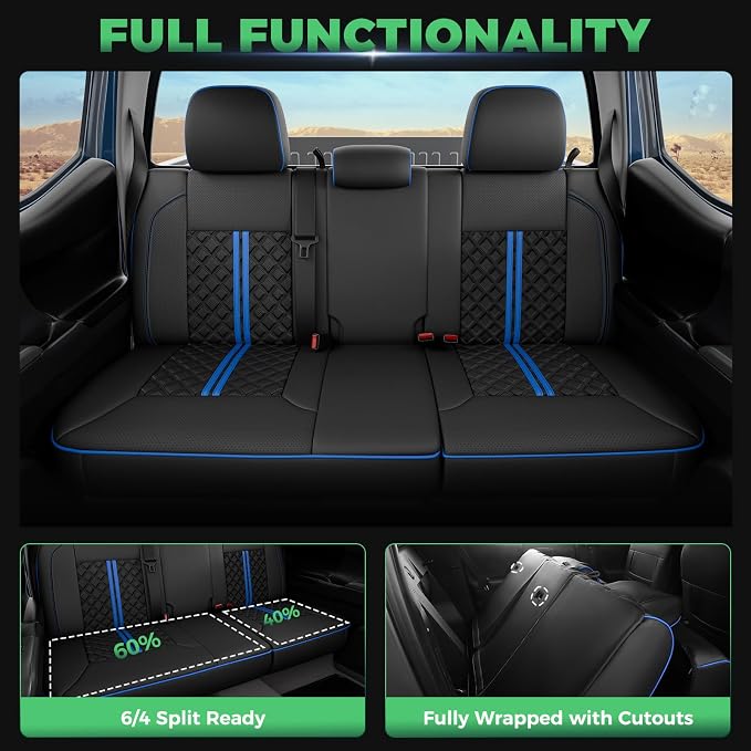 RIDEPOSH Custom Leather Seat Covers for Toyota Tacoma Double Cab 2016-2023 | full set, BKblue, OEM fit, premium waterproof leather, anti-slip, extra pockets, long-term durability, airbag compatible - Image 5