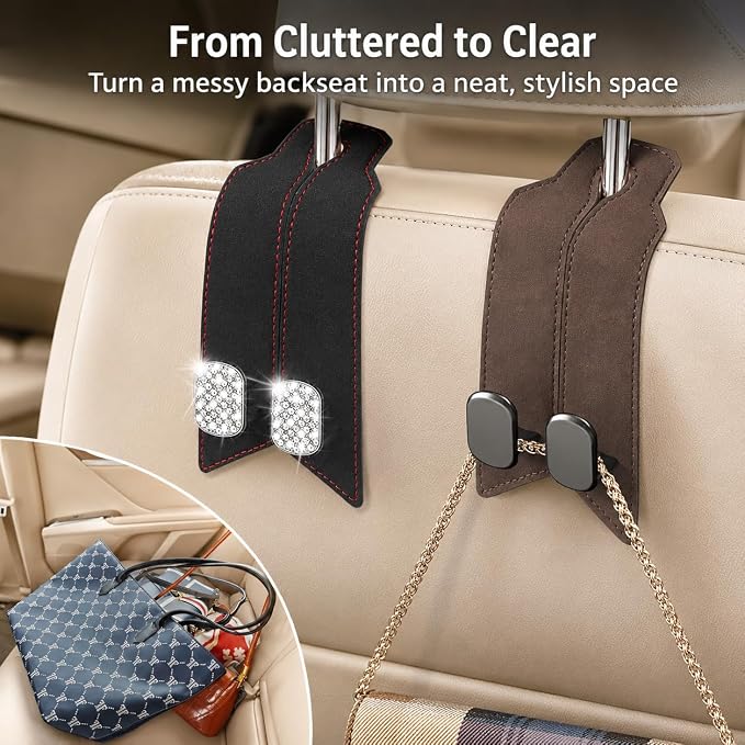 2 Pack Bling Car Headrest Hooks, Purse Hangers, Crystal Black | Sparkling rhinestones, premium leather, and dual metal hooks add style while holding purses, bags, coats, and groceries. - Image 5