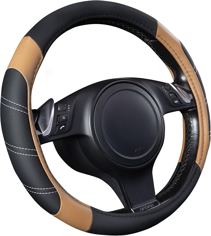 CAR PASS Line Rider Microfiber Leather Sporty 14.5-15 inch Steering Wheel Cover Universal Fits for 95% Truck,SUV,Cars, Anti-Slip Safety Comfortable Design (Black Beige) - Image 2