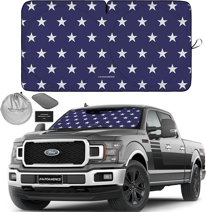 Autoamerics Truck Windshield Sun Shade with Storage Pouch & Anti-Slip Dash Pad - Foldable USA Stars Flag Design - Fits Most SUVs & Trucks - Blocks UV Rays and Keeps Car Cool | X-Large (66 x 36 inches) by AutoamericsUS