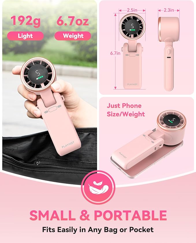 PlayHot Portable Handheld Turbo Fan, Travel Essentials, Gifts for Women/Men | 5-Speed, Up to 12H, 10m/s Airflow, USB-C Rechargeable, LED Display, 3-in-1 Foldable Personal Fan for Cruise, Beach, Vacation - Image 6