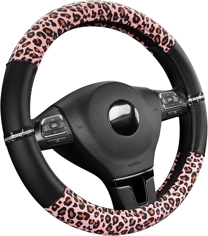Road Comforts Leopard Steering Wheel Cover for Women, Cute Anti-Slip Microfiber Leather, Fits 14.5-15 Inch Steering Wheel 14.5-15 Inch - Black and Pink Cheetah - Image 2