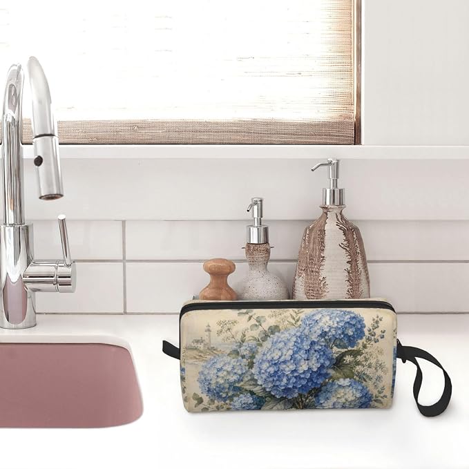 Blue Hydrangea Bloom Makeup Bag for Women | Small Travel Cosmetic Pouch with Zipper, Compact Makeup Organizer Bag for Purse, Toiletries, Skincare & Daily Essentials - Image 7