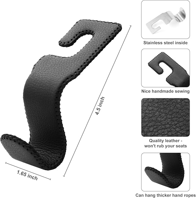 AMVOYOA U-Shaped Car Leather Hooks – Car Purse Holder, Headrest Hooks for Car, Back Seat Organizer - Elevate Your Travel Experience!(Black) - Image 6