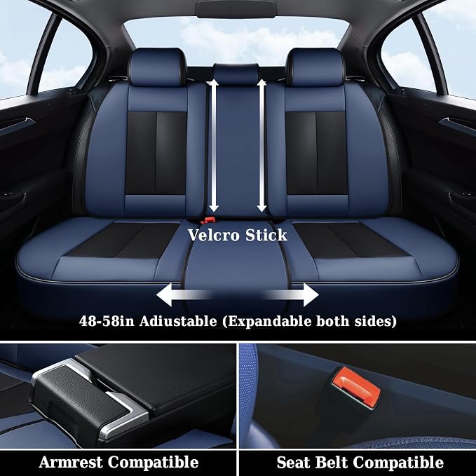 Coverado Front and Back Seat Covers for Cars, Nappa Leather Car Seat Covers Full Set, Waterproof Carseat Protector Seat Cushion, Luxury Automotive Seat Covers Universal Fit for Most Cars(Blue&Black) - Image 2