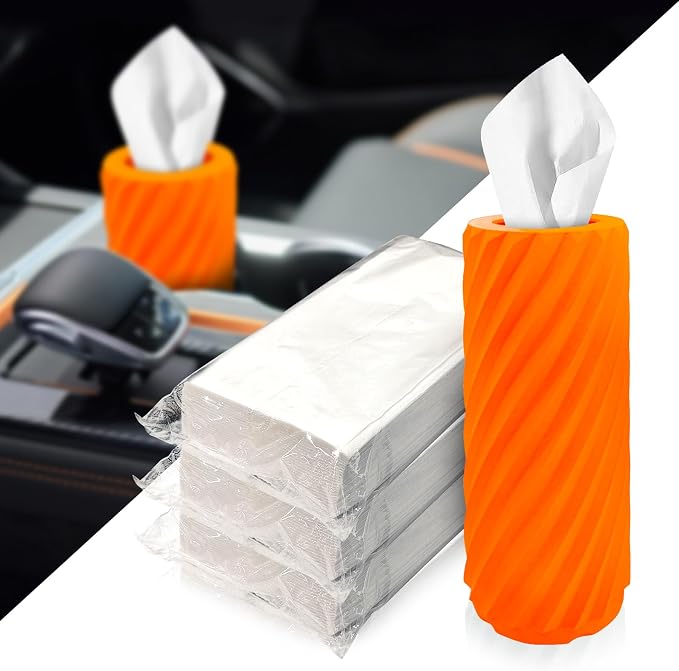 Car Tissue Holder, Refillable Round Cylinder with 3 Tissue Packs, Universal Fit for Vehicle Cup Holder, Home & Office, Car Accessories Interior (Orange) by Unknown