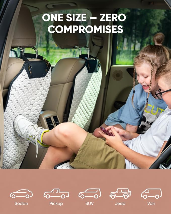 Kick Mat Back Seat Protector - Car Back Seat Cover for Kids Feet - Waterproof & Sturdy Protector for Upholstery from Dirt, Mud, Scratches and Stain (White Set) - Image 7