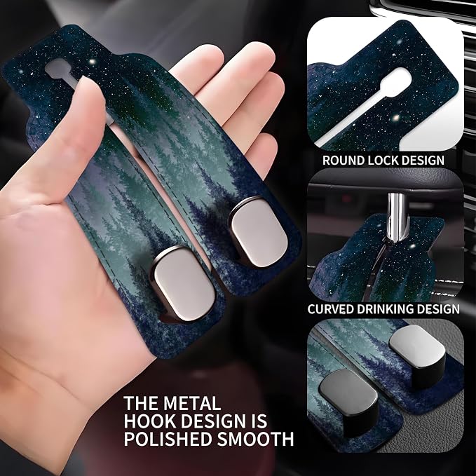 Car Seat Back Storage Headrest Hook, Premium Leather Double Metal Hook, Hanger Storage Organizer for Purse Cloth Bag, Car Interior Accessories Purple Cute Universe Forest - Image 3
