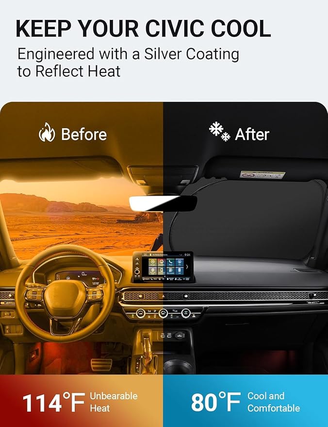 Proadsy Custom Fit 2022-2026 Honda Civic Windshield Sun Shade, Blocks Heat | 240T Heat Shield, Drops Temp 54°F, Blocks 99% UV, Prevents Dashboard Cracking, Summer Parking & Beach Trips, Easy Twist-Fold - Image 3