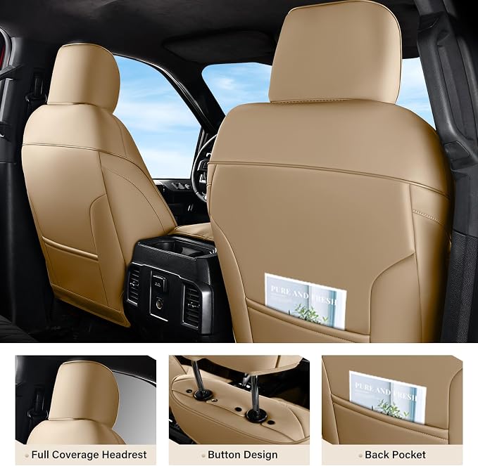 Coverado Premium Leather Truck Front Seat Covers – Custom Fit, Waterproof, Heavy Duty, Anti-Spill, Scratch Resistant Protector for Ford F150 2015-2026, F250-F450, Beige - Image 2