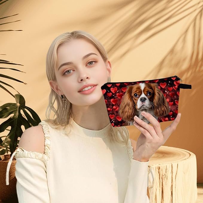 Cavalier King Charles Spaniel Makeup Bag Red Heart Background Adorable Dog Print Cosmetic Pouch for Dog Lovers Travel Toiletry Organizer Gift for Pet Enthusiasts - Image 4