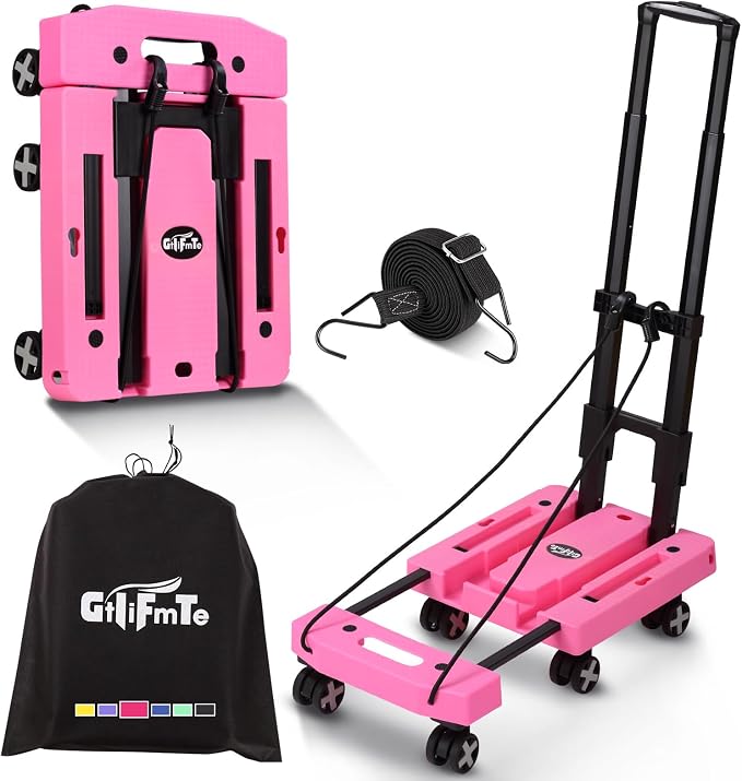 GtIiFmTe Foldable Hand Truck, Lightweight Luggage Cart for Airport Car Seat | Compact Folding dolly with Rotating swivel wheel,storage size12×15.7×4.1",300lbs Load,Upright Lock Handle with 3bungee cords by GtIiFmTe