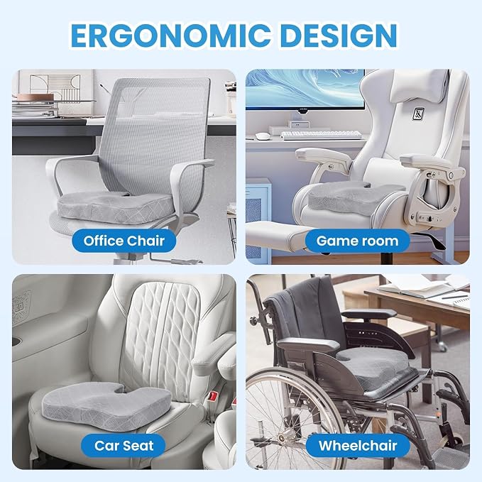 Memory Foam Office Chair Seat Cushion - Light Grey, X-Large | for Car Seat, Airplane, Desk Chair - Sciatica & Hip & Coccyx Pain Relief Cushion for Long Sitting Office Workers, Car Drivers - Image 5