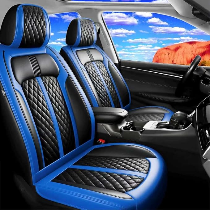 Fit Renegade Seat Covers Custom Fit for Jeep Renegade 2015-2023, Full Set | Premium Leather Full Coverage Protectors, Waterproof, Breathable, Scratch Resistant, Easy Wipe, Airbag Compatible, Black+Blue by FiveFox