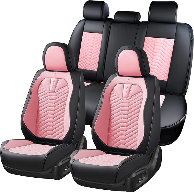 Coverado Seat Covers Full Set, Waterproof Nappa Leather Seat Covers for Cars, 5 Seats Universal Car Seat Protectors, Black and Pink Leather Car Seat Covers Car Seat Cushions Fit for Most Cars by COVERADOAUTO