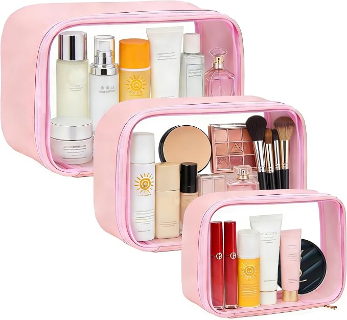 Travel Clear Makeup Bag Set for Women, 3 Pack Travel Size Toiletry Bag with Zipper Small Makeup Pouch for Purse Waterproof Portable Cosmetic Case Compact Car Organizer Storage Bag (Pink Set) - Image 9