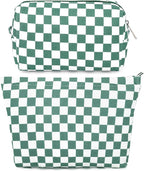 SOIDRAM 2 Pcs Checkered Makeup Bag Large Cosmetic Bag Toiletry Bag Makeup Pouch Travel Bag Organizer Cute Makeup Brushes Aesthetic Accessories Storage Bag for Women Olive Green by SOIDRAM