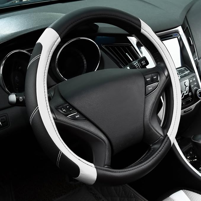 CAR PASS Line Rider Microfiber Leather Sporty Steering Wheel Cover Universal Fits for 95% Truck,SUV,Cars,14.5-15inch Anti-Slip Safety Comfortable Desgin (Black-White) by CARPASS
