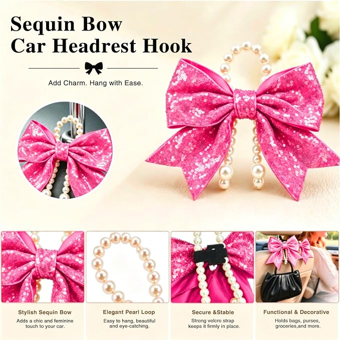 2 Pack Pearl Car Seat Headrest Hook with Bow & Sequin/Leopard/Polka Dot Design – Cute Purse Hanger for Vehicle,Grocery Bags, Umbrellas, Seat Back Organizer for Women (Rose Pink Sequins) - Image 5