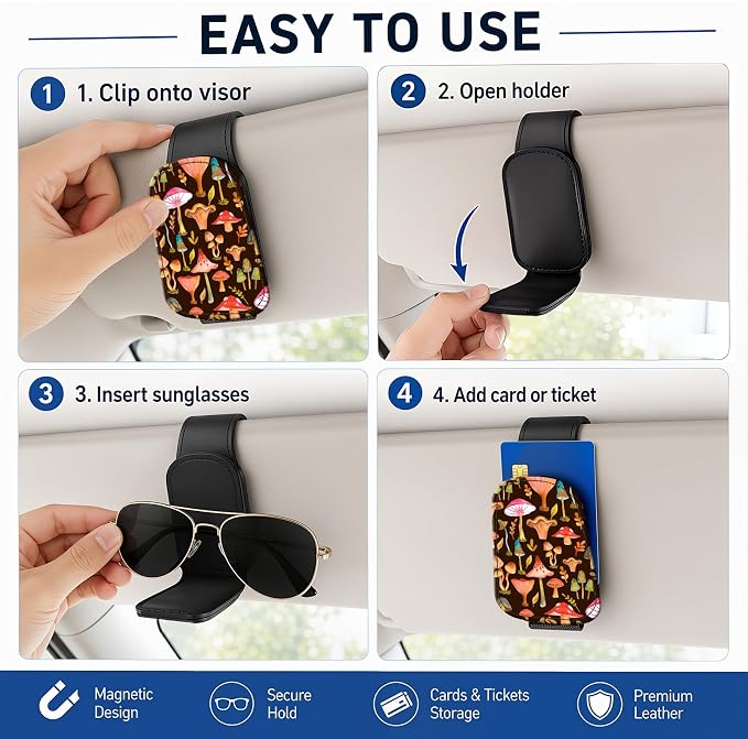 Leather Magnetic Sunglass Holder for Car Sun Visor, Cute Eyeglass Ticket Card Hanger Clip, Universal Auto Interior Accessories for SUV Pickup Truck, Boho Mushroom - Image 5