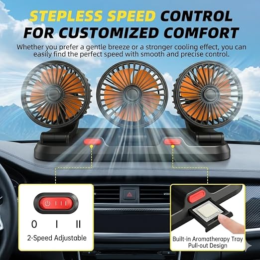 Triple-Head Car Fan, 12V Portable Vehicle Fan with 360° Rotation & Quiet Motor, 3-Speed Adjustable Air Circulator for Car Truck SUV RV, Cigarette Lighter Plug & Play - Image 2