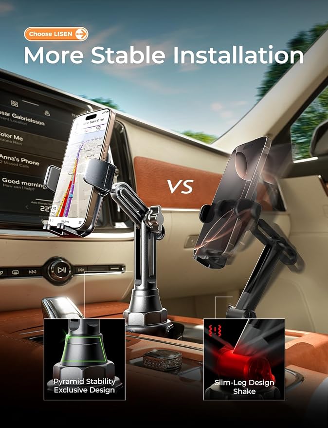 LISEN [Upgraded Version Cup Holder Phone Holder for Car, Universal 360° Adjustable Long Neck Car Phone Mount Golf Cart Truck Jeep, Compatible with iPhone Samsung Google & All 4.0-7.0 '' Phones - Image 2
