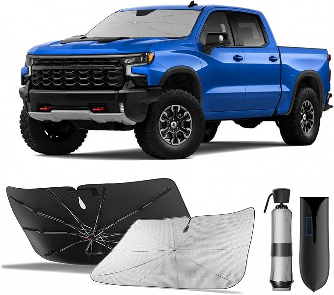for Chevrolet Silverado 1500/2500 HD/3500 HD| Zanch Windshield Sun Shade Umbrella [99% UV Protection, Up to 75℉ Cooler] Custom Fit, Scratch-Free, Foldable Front Sunshade Umbrella, 2003-2026 by Zanch