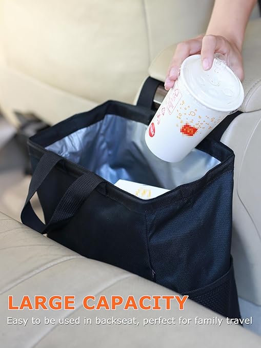 Ginsco New Leak-Proof Travel Car Trash Bag, 3.5 Gallons Large Capacity Hanging Car Trash Can with Hook and Loop Lid and Handle, Multipurpose Trash Bin with Storage Pockets for SUV RV Camping (Black) - Image 3