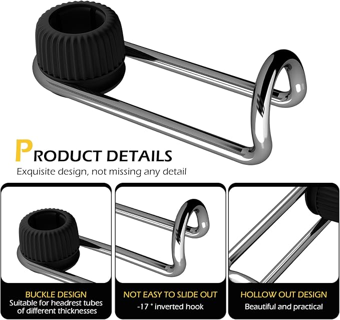 2 PCS Headrest Hooks for Car, 10KG Ultra High Load Bearing Alloy Concealable Swivel Buckle Design Headrest Pole Hook, Seat Headrest Storage Accessory, SayGoodbye to The Messy Space！ (Black) - Image 3
