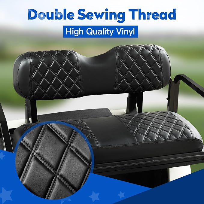 NOKINS Golf Cart Seat Covers Fits Aftermarket Standard Rear Seat Cushion | Fit for Club Car Precedent/DS/EZGO RXV/TXT/Yamaha Drive, No Stapler, Multiple Colors&Breathable (Black and Black Stitching) - Image 3
