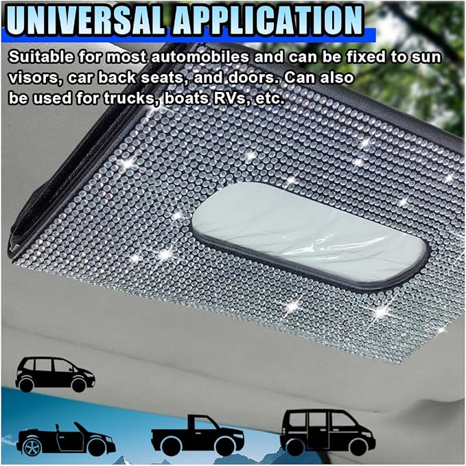 Bling Car Sun Visor Tissue Box Holder, PU Leather Auto Paper Towel Cover, Glitter Crystal Rhinestone Napkin Holder, Car Decoration Accessories for Women (Black/White) - Image 3
