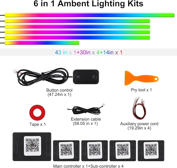 Dreamcolor Acrylic Interior Car LED Strip Lights, 6 in 1 Ambient Lighting Kit with Wireless APP, Dynamic Chasing Music Sync Fiber Optic Lights with DIY Mode, Car Inside Lighting Accessories - Image 6