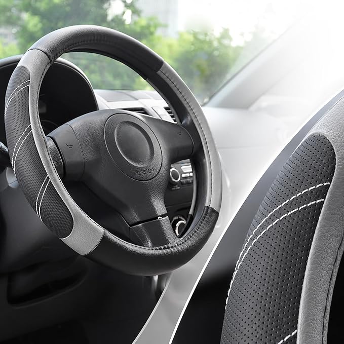 Elantrip Steering Wheel Cover for 14.5" to 15" Wheels, Soft Padded Grip with Anti-Slip Inner Lining, Breathable Comfort for Daily Driving, Easy Stretch Fit for Cars, SUVs and Trucks, Black/Gray by Elantrip